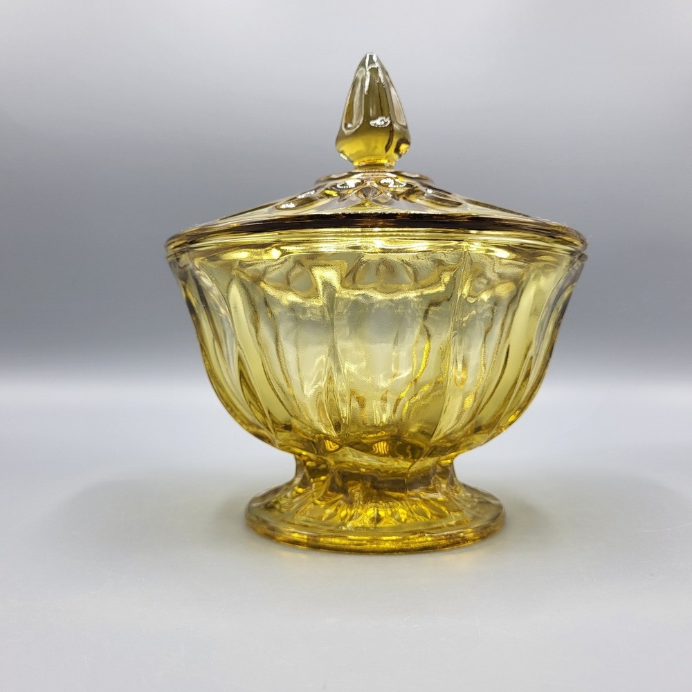 Vintage Amber Glass Candy Dish Lid Footed Pedestal Pressed Glass Retro 7"